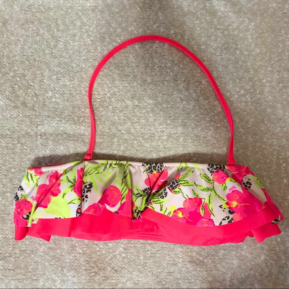 Vs Pink Neon Pink Floral Ruffle Bikini Top